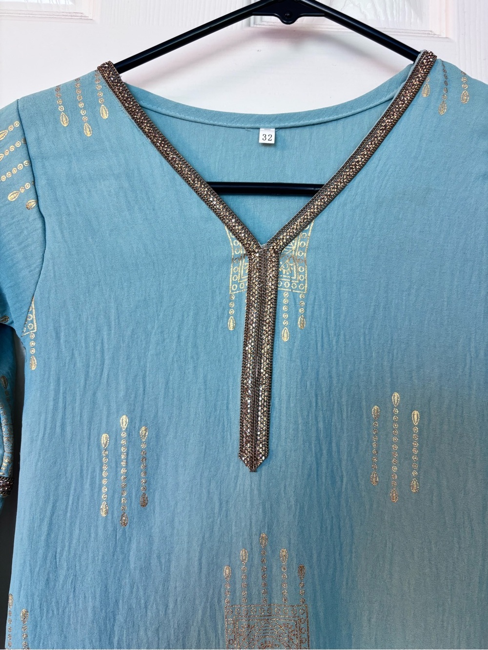 Seafoam Blue Tunic Dress with Gold Foil Detail
Brand New Top